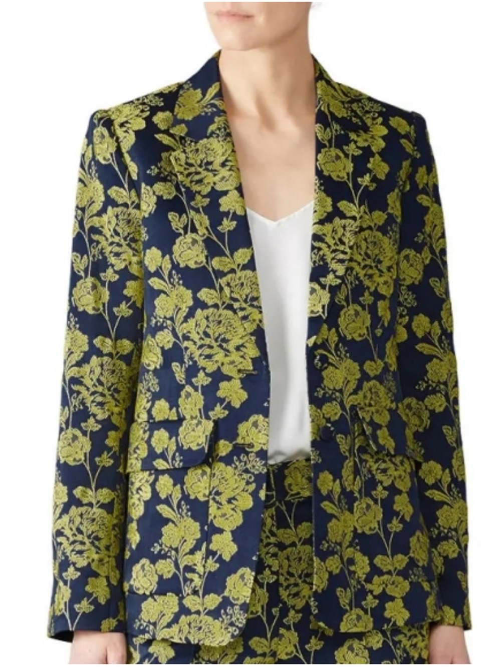 New w/o tags Cinq à Sept Janae Floral Jacquard Jacket in Navy and Chartreuse sz4